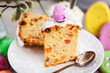 Sweet Easter bread, panettone or kulich and colorful painted eggs, Holiday spring concept