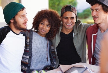 Poster - Smile, table and university friends at study group with notes, hug and social support in education. Books, tablet and happy students relax together on patio with diversity, opportunity and college