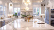 a luxurious kitchen with a massive marble topped island as the centerpiece, adorned with a gleaming gold faucet
