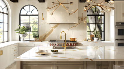Sticker - a luxurious kitchen with a massive marble topped island as the centerpiece, adorned with a gleaming gold faucet