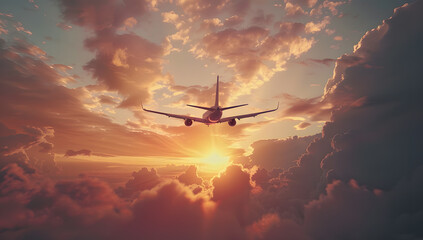 Wall Mural - Big passenger airplane flying, beautiful sunset and cloudscape in the background. Above the clouds.