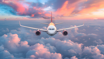 Wall Mural - Big passenger airplane flying, beautiful sunset and cloudscape in the background. Above the clouds.