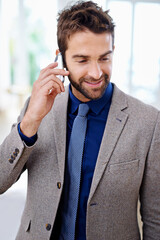 Poster - Business man, phone call and negotiation for deal in office, communication and app for talking. Male person, smile and planning for project or idea, information and discussion on career opportunity