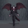 A pixel art image depicts a man in a suit, with a devilish winged creature behind him. The background features rain, adding a dramatic touch.