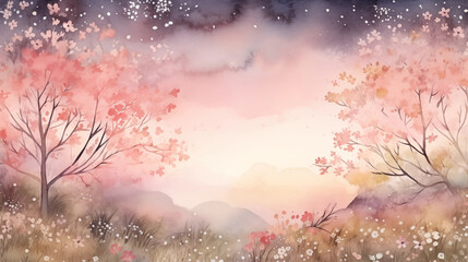 Wall Mural - Hand drawn beautiful watercolor illustration of peach blossoms blooming outdoors at spring night
