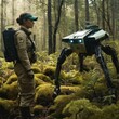 A robot with a quadrupedal design stands beside its human companion in a lush forest, a representation of technology in harmony with nature.