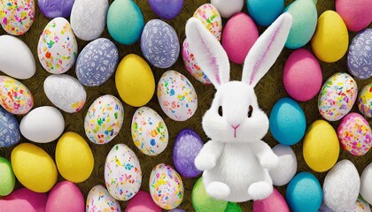 Wall Mural - Illustration of chocolate Easter eggs background with white stuffed rabbit in the composition. View from the top.
