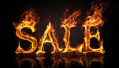 3D word SALE made of fire flame, black background. Hot orange blaze.