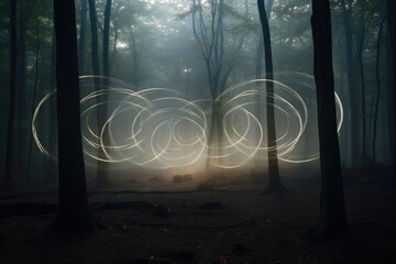 Wall Mural - Foggy Forest: Rings surrounded by mist in a forest, with distant lights creating a mysterious ambiance.