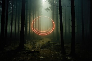 Wall Mural - Foggy Forest: Rings surrounded by mist in a forest, with distant lights creating a mysterious ambiance.