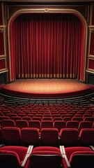 A red theater with a stage and red curtains