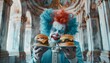 Creepy clown in blue holding burgers in a grand hall. A sinister clown in blue attire presents burgers in an opulent, baroque-style hall for a striking contrast