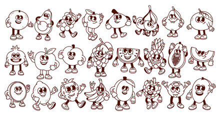 Wall Mural - Groovy cartoon fruit and berry characters set. Funny retro monochrome fruit mascots, cartoon stickers of strawberry banana orange apple mango lemon avocado peach 70s 80s style vector illustration