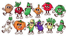Groovy Cartoon Vegetable Characters Set. Funny Retro Root And Leaf Vegetable Mascots, Cartoon Stickers Of Tomato Pumpkin Broccoli Eggplant Cucumber Potato Cabbage In 70s 80s Style Vector Illustration