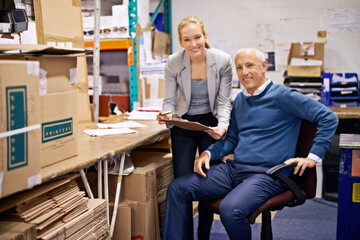 Aufkleber - Business people, management or portrait with clipboard in warehouse for teamwork, quality control or check list. Mature man, woman or smile for supply chain, logistics career or planning product info