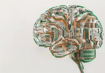 Poster - Integrating Technology and Mind: Detailed illustration of a brain formed by complex electronic circuits and components