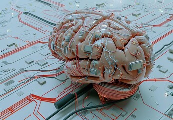 Wall Mural - Integrating Technology and Mind: Detailed illustration of a brain formed by complex electronic circuits and components
