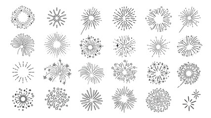 Wall Mural - Fireworks explosion of round shape line icon set. Black outline fireworks burst with fire, stars and radial light rays, starburst monochrome icon, entertainment elements collection vector illustration