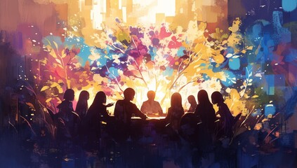 Wall Mural - A group of people are sitting together, having an animated discussion with a colorful watercolor background. 