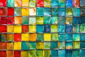 Wall Mural - Abstract colorful glass mosaic tile wall texture background, vibrant square pattern panorama