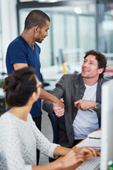 Aufkleber - Business people, handshake and congratulations in office for success, announcement and news of promotion or good job. Leader and employees shaking hands for collaboration or thank you at tech company