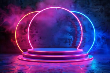 Abstract technology background with colorful neon lights, futuristic product display podium, digital illustration