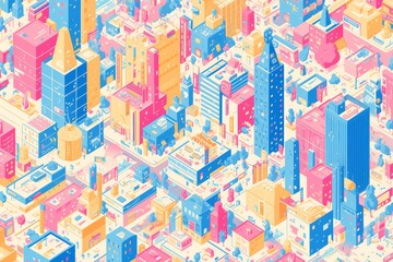 pattern of isometric city skyscrapers, rendered in bold geometric shapes and vibrant colors. 