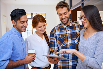 Poster - Team, creative and business people in office with tablet for planning, collaboration and conversation. Startup, professional and diverse employees by technology for discussion, research or idea