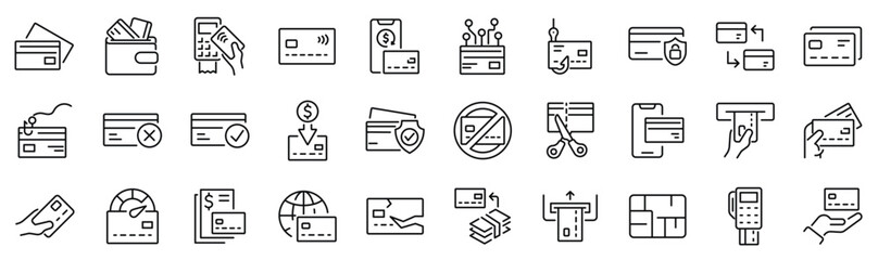 Set of 30 outline icons related to credit card. Linear icon collection. Editable stroke. Vector illustration