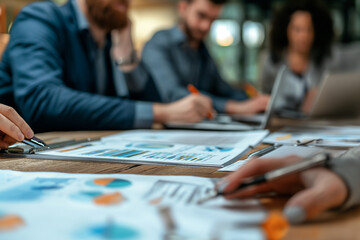 Wall Mural - A focused group of professionals engaged in analyzing financial charts and data during a collaborative team meeting.