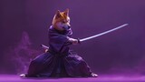 Surreal of Shiba Inu Warrior Wielding Kendo Swords in Protective Bogu Suit on Deep Purple Background