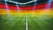 textured soccer game field with neon fog with germany flag - center, midfield. 3D Illustration.