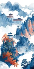 Wall Mural - A painting of a mountain with a pagoda in the background.