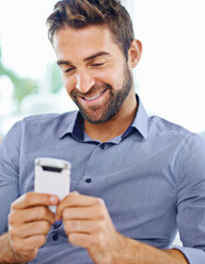Poster - Business man, phone and check an email in home, communication and networking for company. Male person, smile and reading a notification on app for conversation, website and internet for information