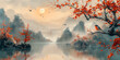 Traditional eastern art. Ink painting. Zen. ancient scroll. Fantasy landscape panorama. Background wallpaper, poster, invitation, flyer, banner, email, header, social media post. Generative Ai content