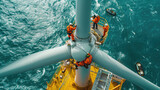 Fototapeta  - Team of workers stand on wind turbine top in sea, engineers perform maintenance of windmill in ocean. Concept of energy, power, people, technology, water.