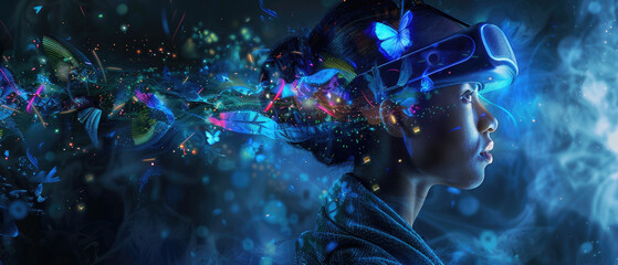 Canvas Print - Young woman wearing VR glasses, adult girl playing futuristic headset with smoke and flowers on dark background. Concept of technology, virtual reality, future, art,