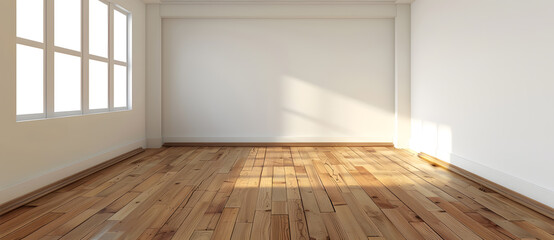 Mock up of empty room with an empty wall and wooden floor, light white and light beige colors