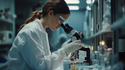 Canvas Print - Research: A scientist in a lab conducting experiments with a microscope