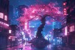 Futuristic Japanese cityscape at night, neon pink lights illuminating residential buildings and giant sakura tree, anime-inspired fantasy, digital illustration