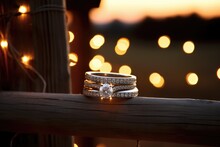 Horse Ranch Romance: Rings On A Fence Post In A Horse Ranch With Warm Barn Lights.