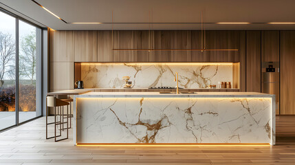 Wall Mural - A Modern Kitchen with a Wooden Floor and Marble Counter