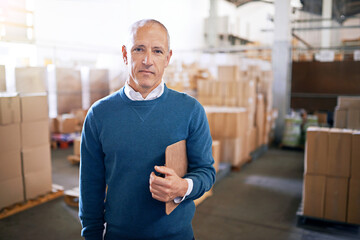 Poster - Boxes, confidence and portrait of businessman in warehouse with package, logistics and distribution. Export, commerce and manager at cargo storage factory with clipboard, pride and supply chain job