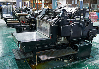 Poster - Vintage, printing and manufacturing in factory for newspaper production in business with automated system. Antique, press and industry in plant for newsletter trade with controlled operations