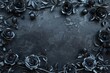 Intricate floral frame with black metal roses on dark steel background, fantasy illustration
