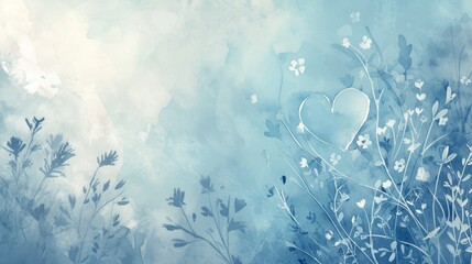 Wall Mural -  A watercolor painting featuring a bouquet of flowers and a heart, set against a blue and white backdrop with an accompanying sky