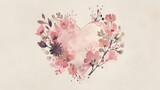  A watercolor depiction of a heart encircled by pink blossoms & leaves on a pristine backdrop, with love inscribed at