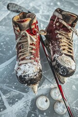 Wall Mural - Close-up of a hockey player's skates and a stick on ice