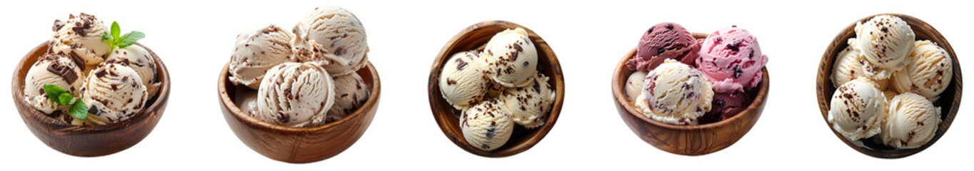 Vanilla ice cream with chocolate pieces in a wooden bowl PNG. Ice cream bowl top view isolated