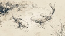  A Pencil Sketch Of Two Koi Swimming In A Pond, Surrounded By Lily Pads